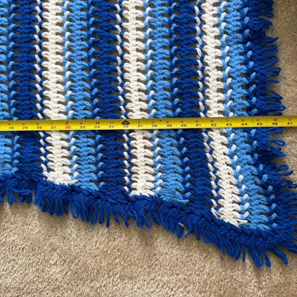 Vintage Handmade Crochet Afghan Blanket Blue White Striped Fringe Throw 97x47